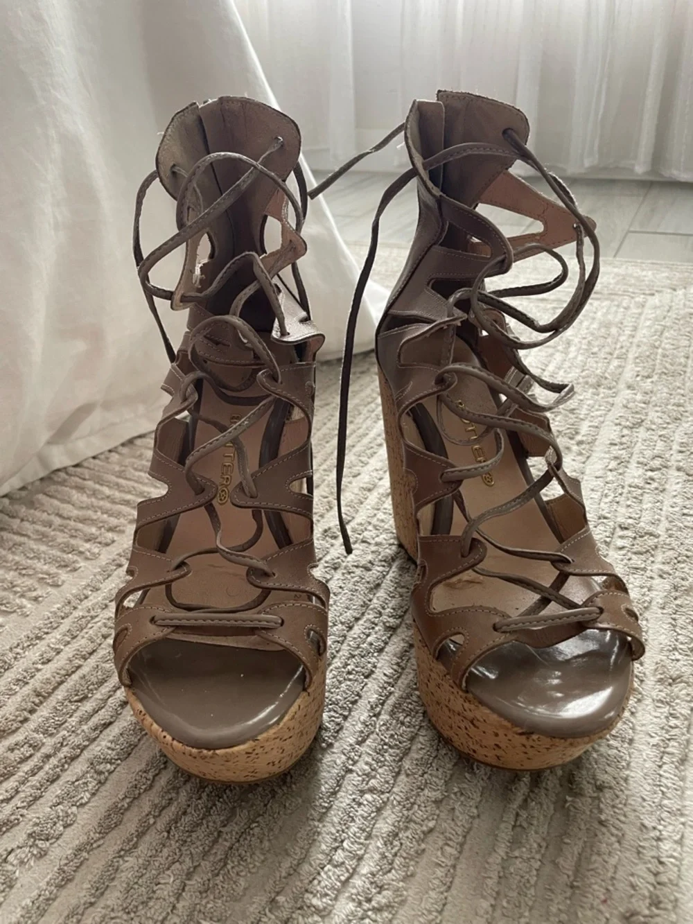 BOTTER Taupe Lace-Up Cork Platform Heeled Sandals